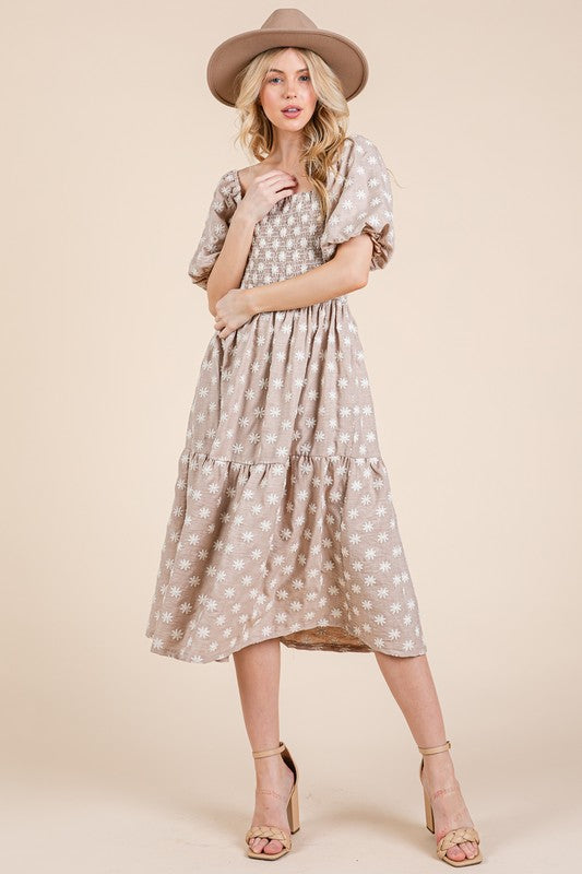 GeeGee Floral Embroidered Smocked Puff Sleeve Tiered Midi Dress