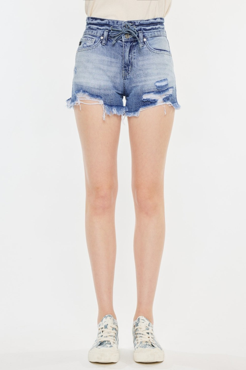 Kan Can High Rise Frayed Hem Denim Shorts
