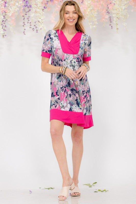 Celeste Floral Surplice Short Sleeve Dress with Pockets