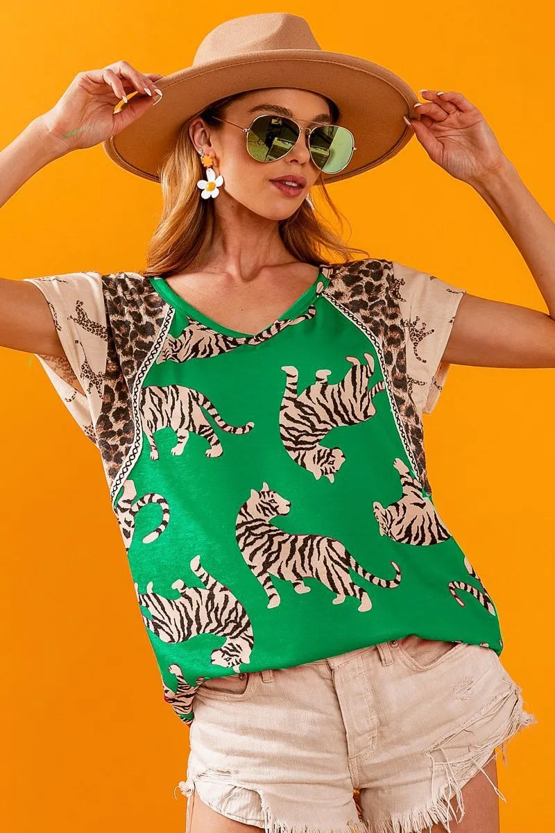 Tiger Print T-Shirt with Aztec Trim – Bold, Breathable & Stylish
