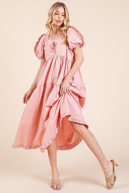 GeeGee Ruffle Trim Puff Sleeve Tiered Babydoll Midi Dress