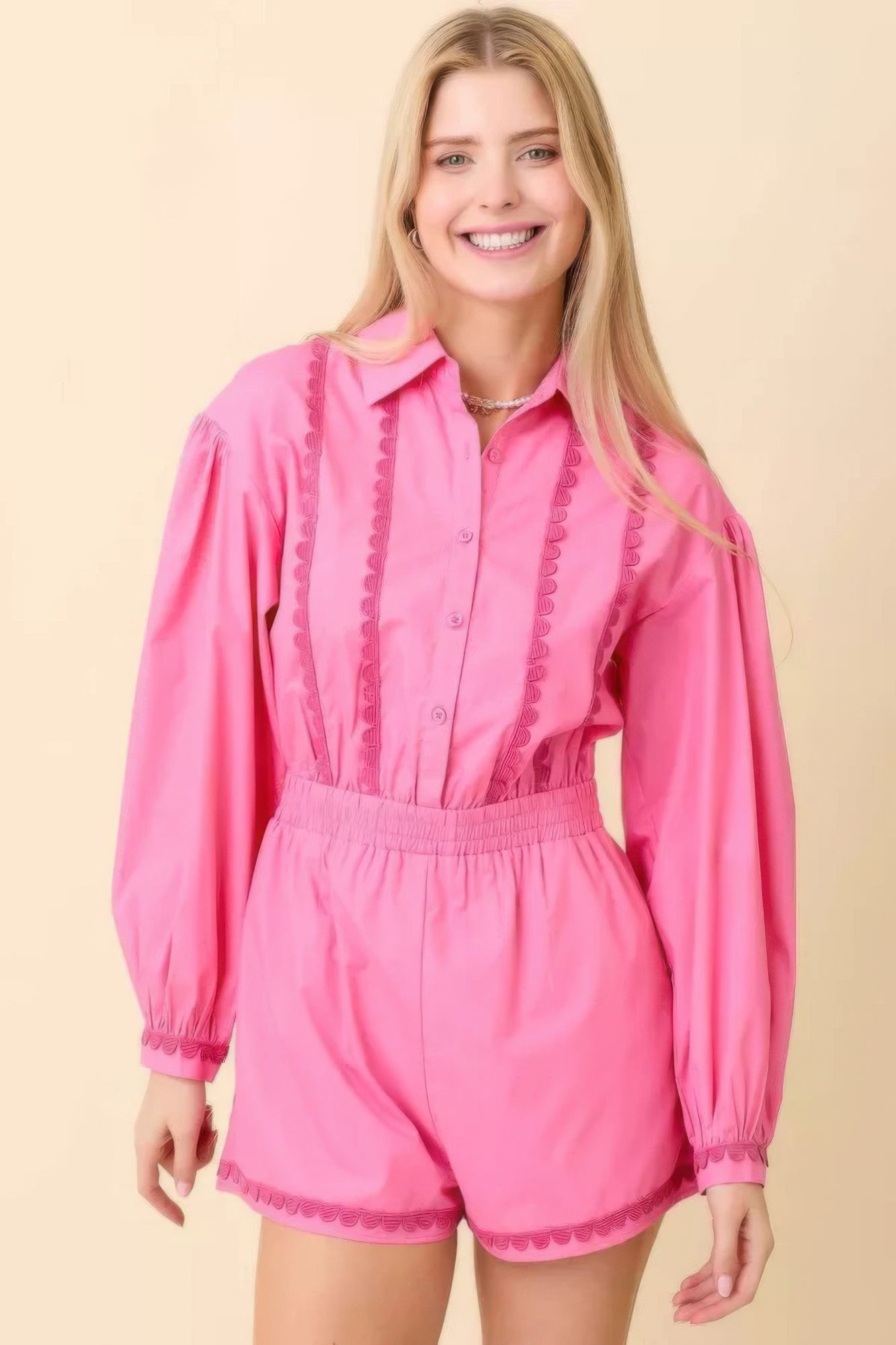 Dreamkue Long Sleeve Romper With Contrasting Scallop Lace