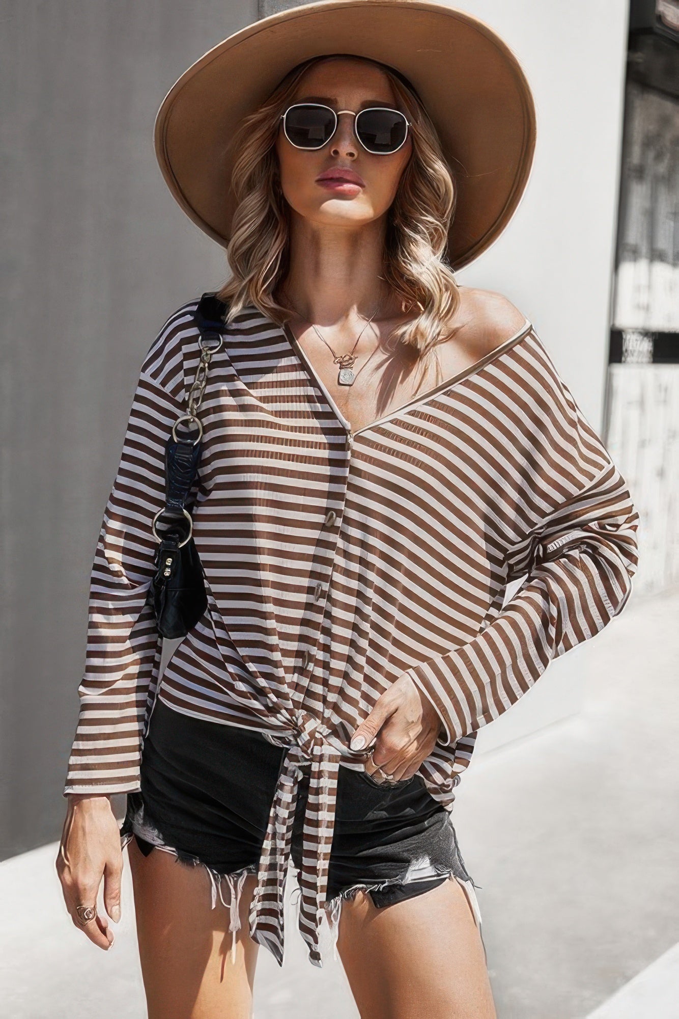 Dreamkue V Neck Short Sleeve Striped Tunic Shirt