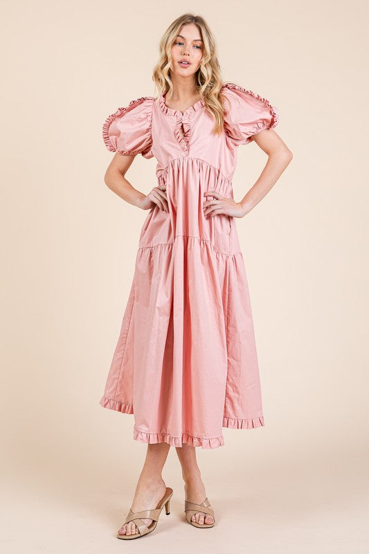 GeeGee Ruffle Trim Puff Sleeve Tiered Babydoll Midi Dress