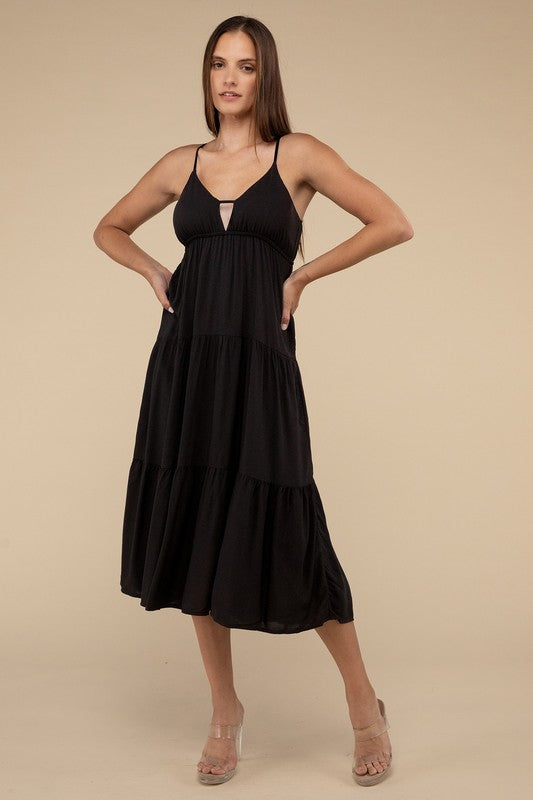 Zenana Woven Sweetheart Neckline Tiered Cami Midi Dress