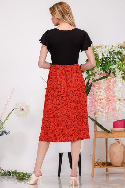 Celeste Two Tone Animal Print Flutter Sleeve Midi Dress