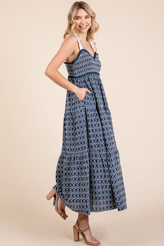 GeeGee Geometric Embroidered Smocked Tie Shoulder Midi Dress