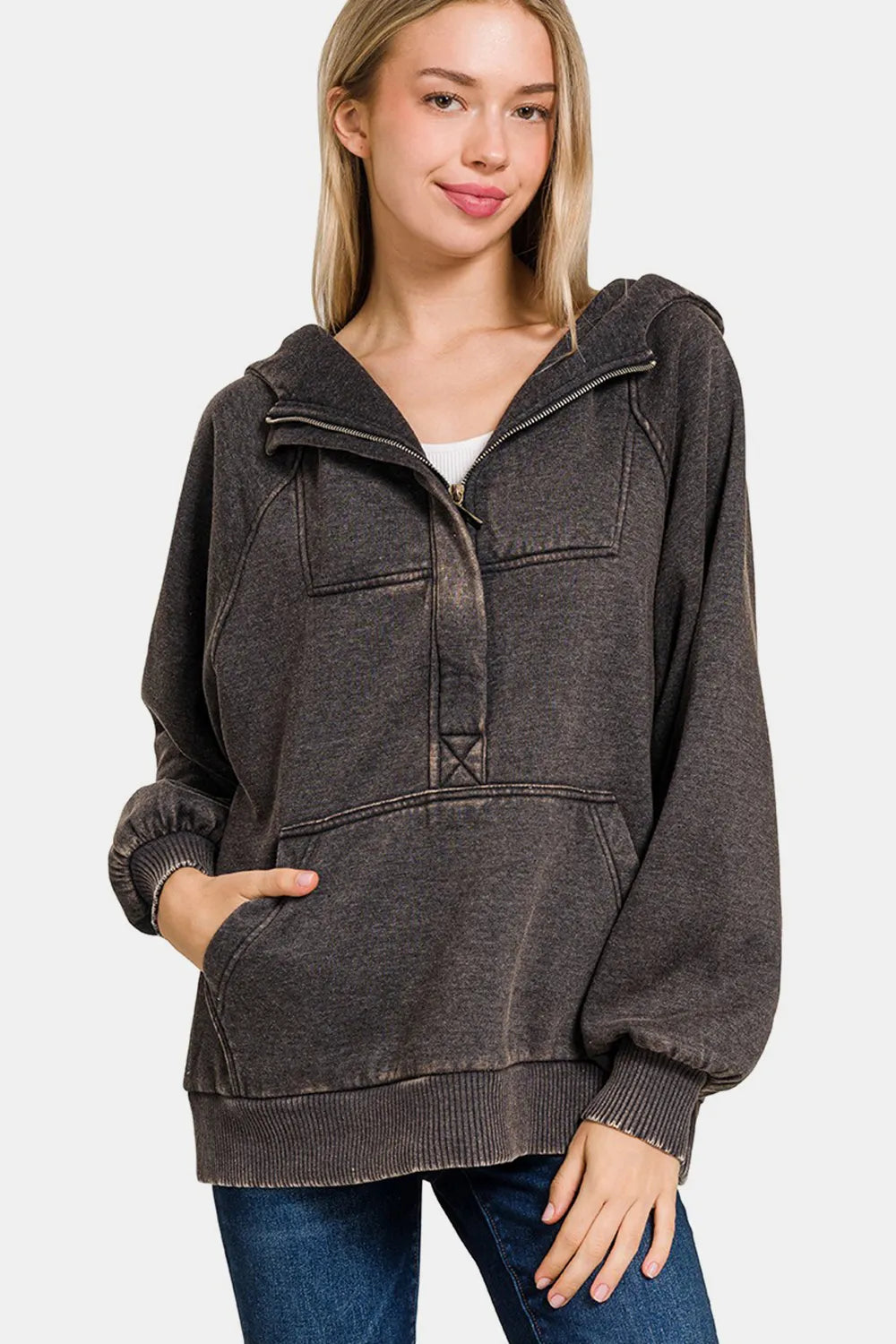 Acid Wash Fleece Kangaroo Hoodie – Trendy Casual Comfort
