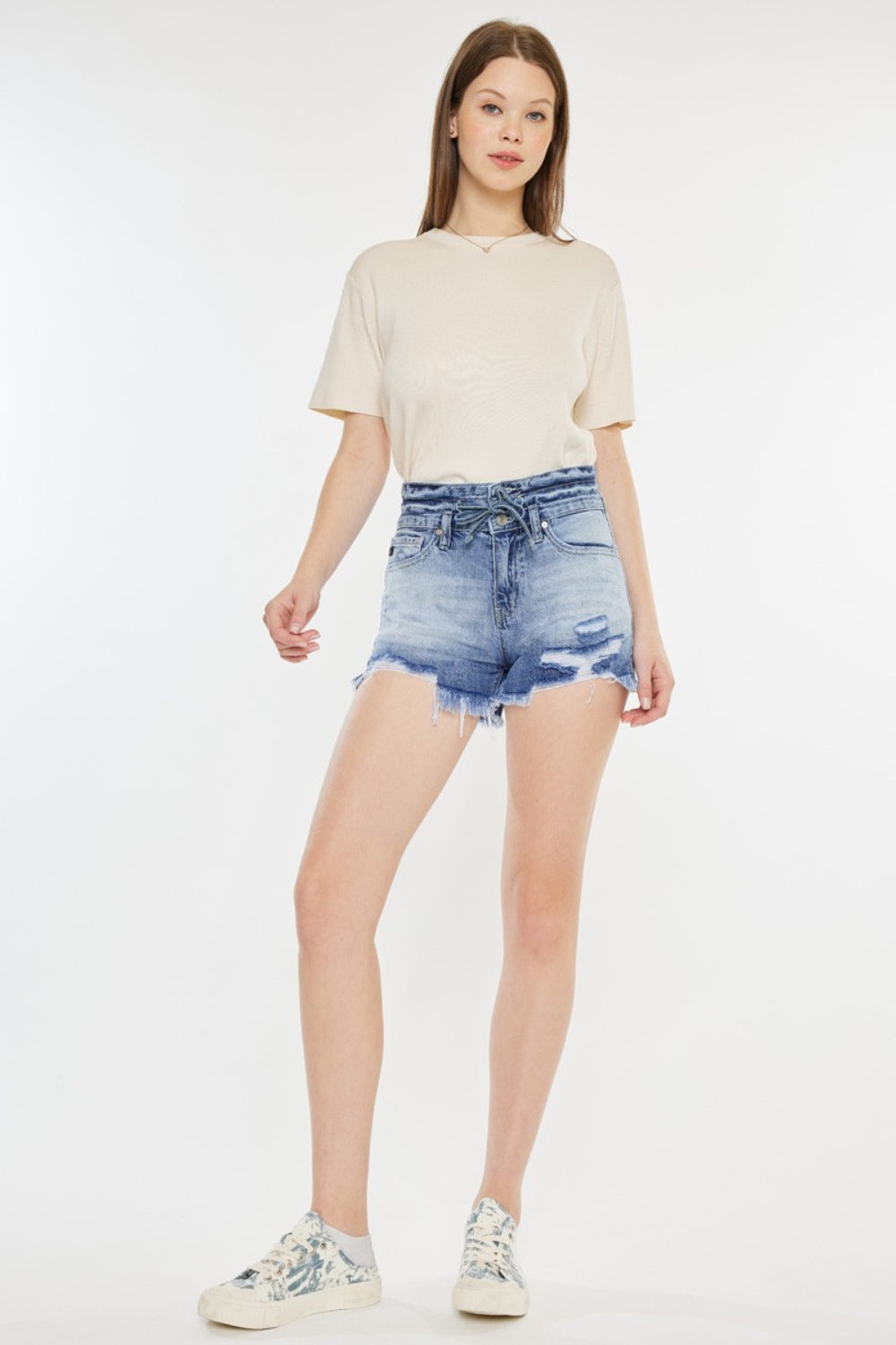 Kan Can High Rise Frayed Hem Denim Shorts