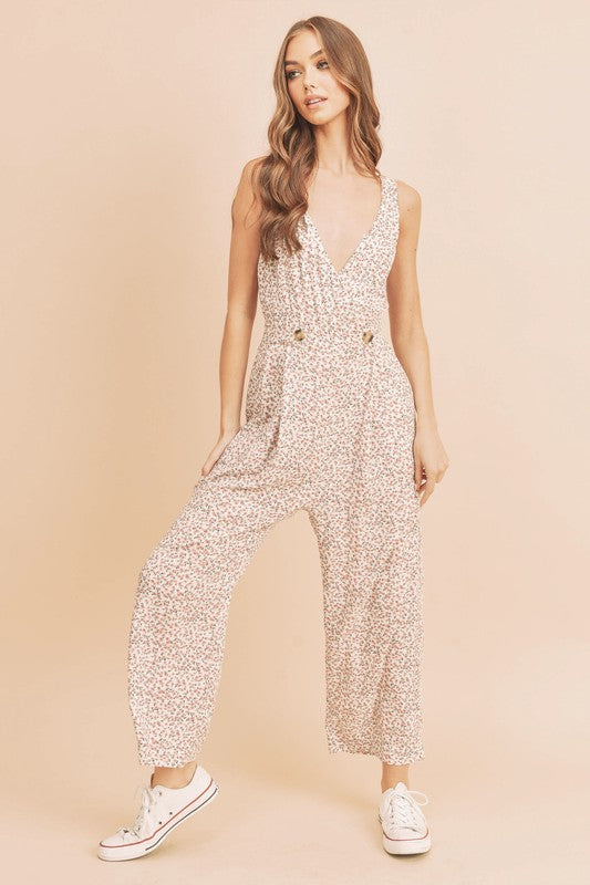 Aemi + Co Ditsy Floral Surplice Sleeveless Wide Leg Jumpsuit