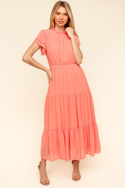 Haptics Tiered Frill Mock Neck Short Sleeve Dress