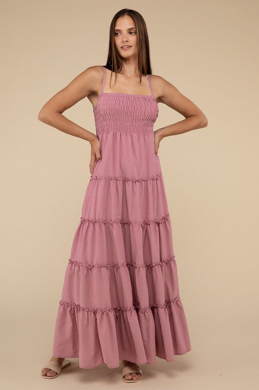 Zenana Woven Smocked Top Tiered Cami Maxi Dress