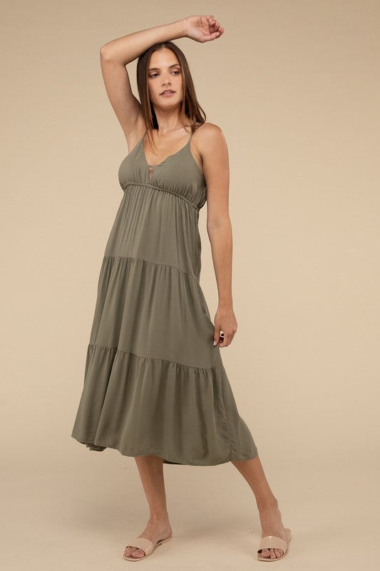 Zenana Woven Sweetheart Neckline Tiered Cami Midi Dress