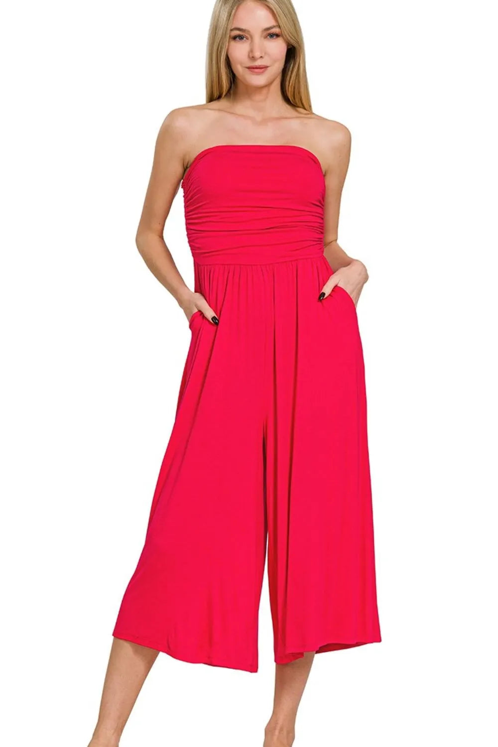 Vibrant Red Strapless Culotte Jumpsuit Ruched Bodice & Pockets