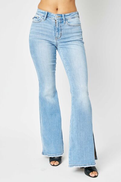 Judy Blue Mid Rise Raw Hem Slit Flare Jeans – Retro & Stylish Fit