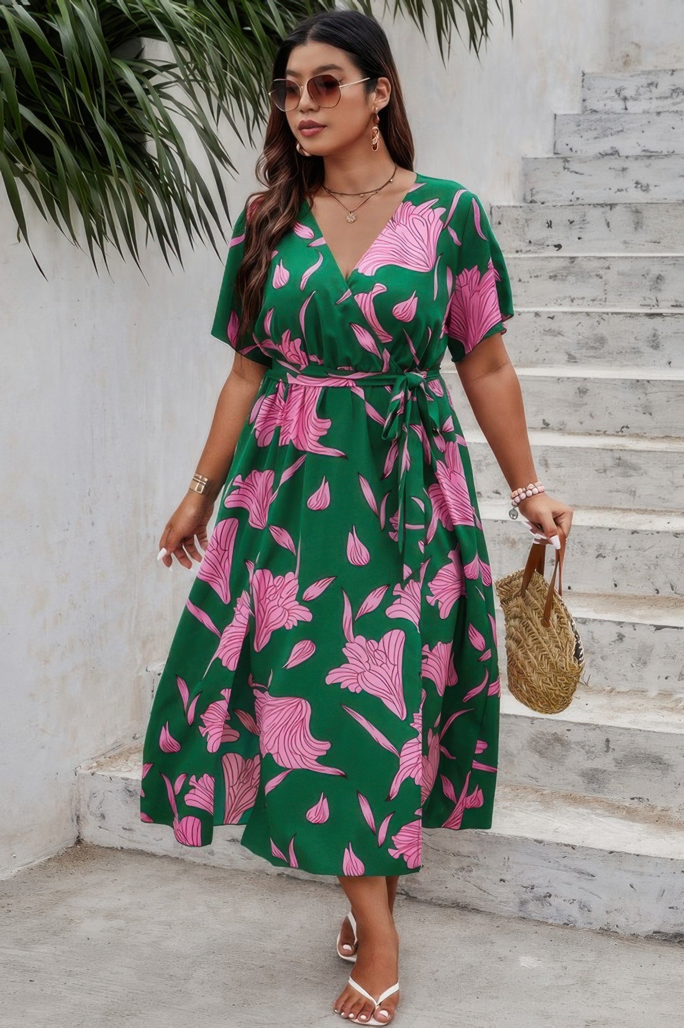 Plus-Size Floral Midi Dress with Belt & Side Split — Feminine & Elegant