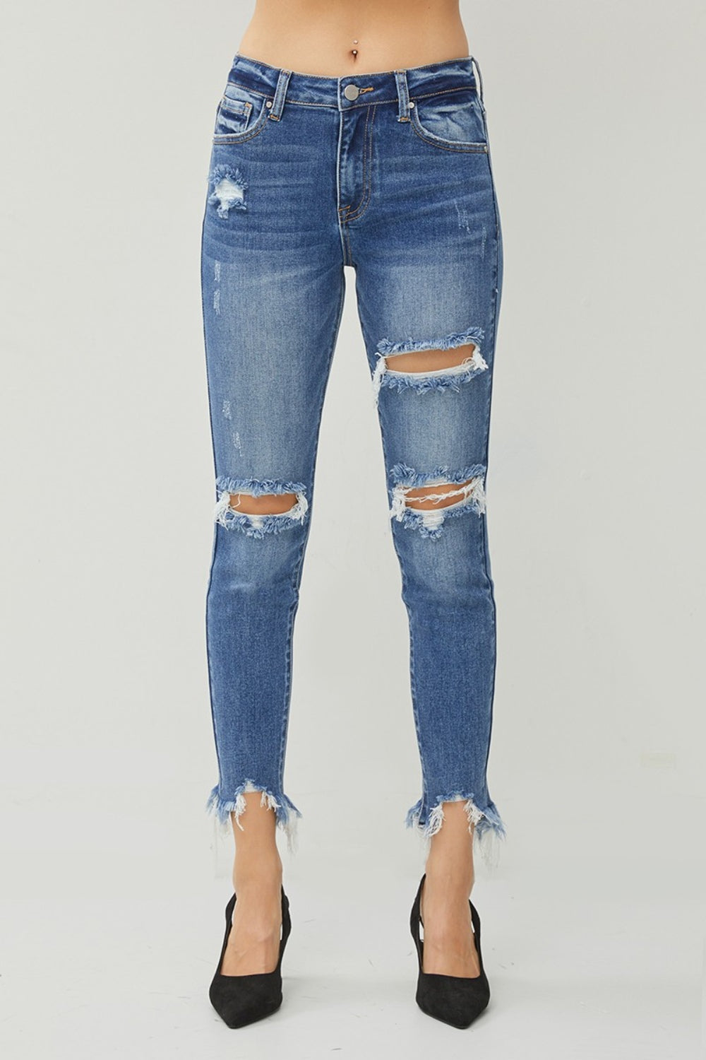 Risen Distressed Frayed Hem Slim Jeans