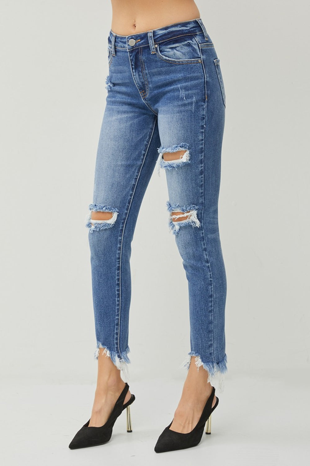 Risen Distressed Frayed Hem Slim Jeans