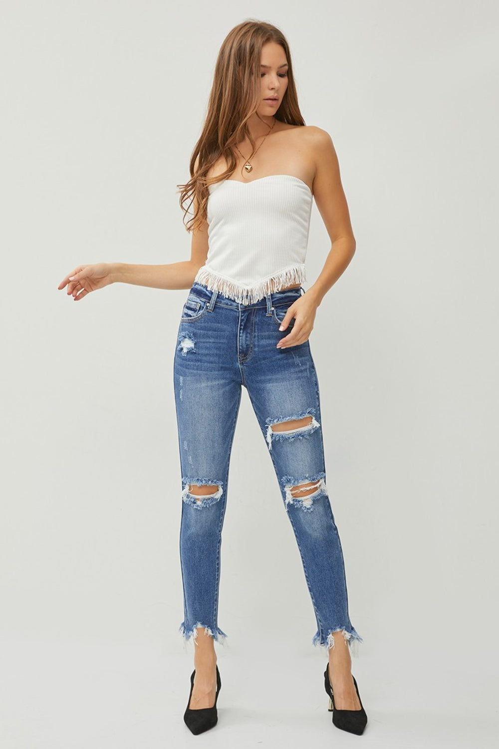 Risen Distressed Frayed Hem Slim Jeans