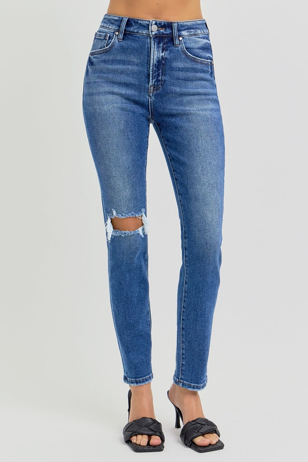 Risen High Rise Ankle Skinny Knee Distressed Jeans