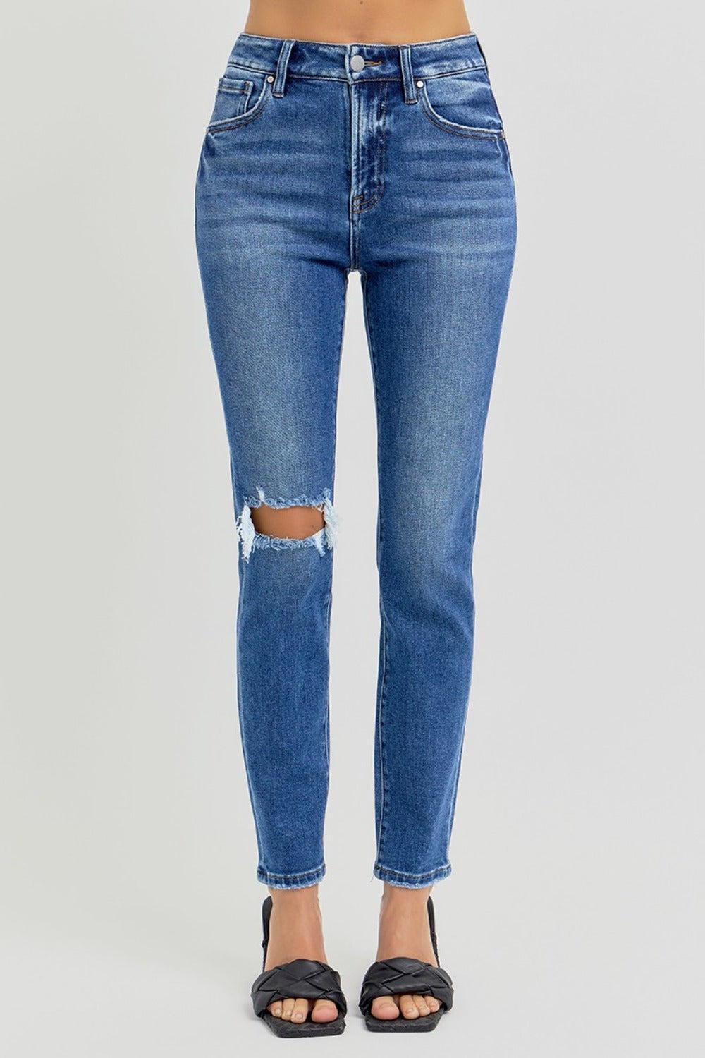 Risen High Rise Ankle Skinny Knee Distressed Jeans
