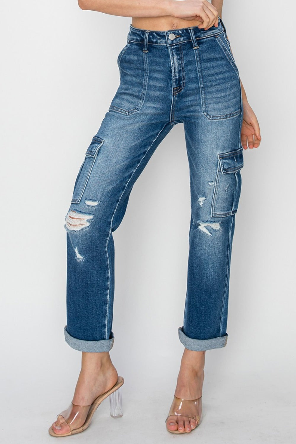 Risen High Rise Cargo Ankle Roll Up Straight Jeans