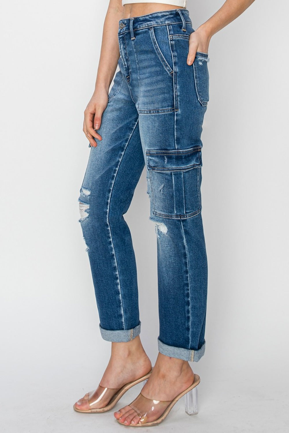 Risen High Rise Cargo Ankle Roll Up Straight Jeans