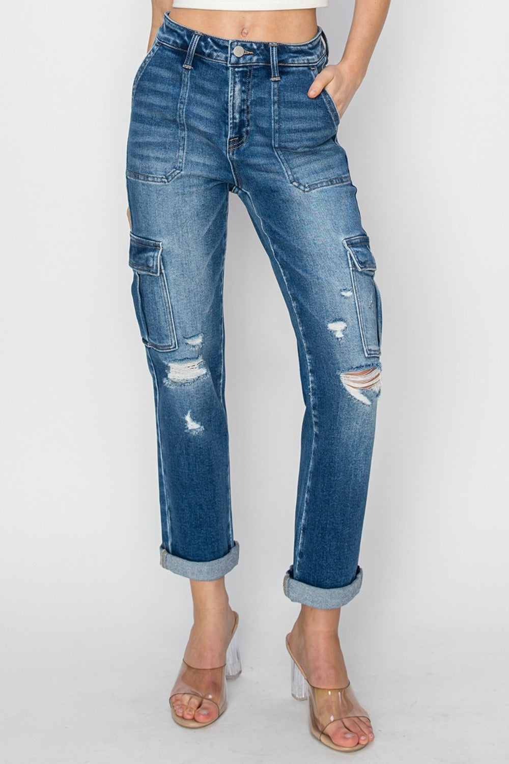 Risen High Rise Cargo Ankle Roll Up Straight Jeans