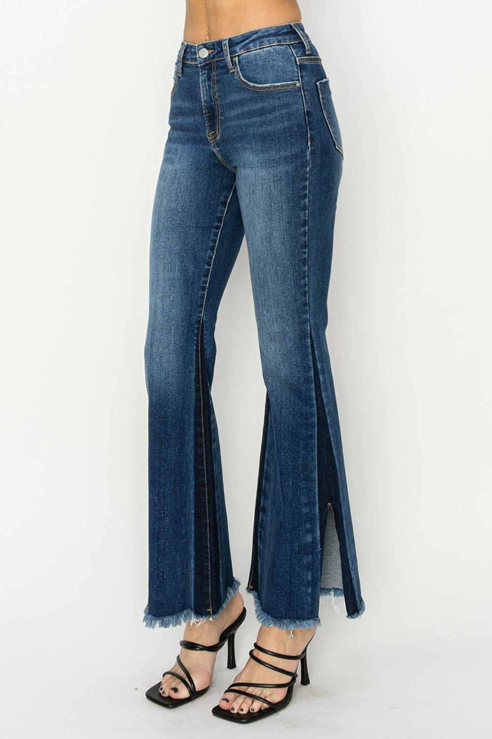 Risen High Rise Side Shadow Seam Detail Slit Flare Jeans