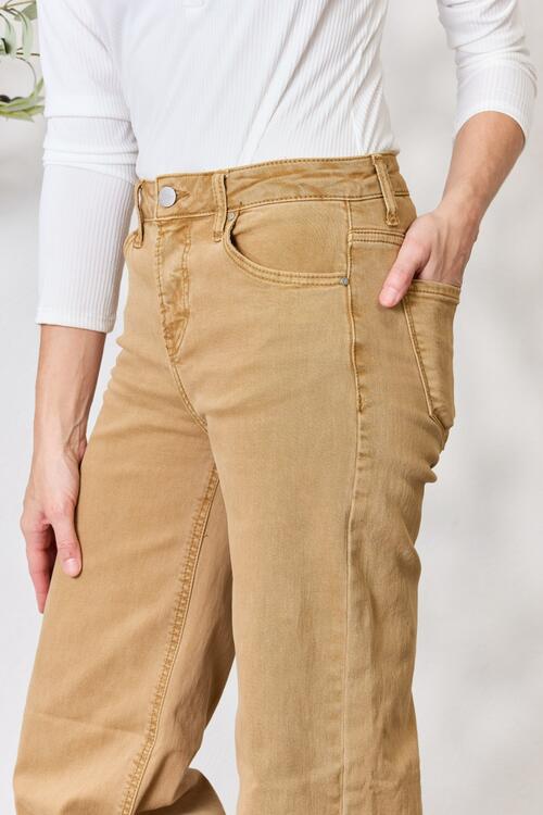 Risen High Waist Fringe Hem Wide Leg Jeans