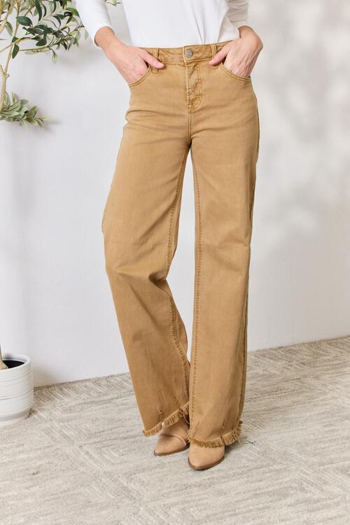 Risen High Waist Fringe Hem Wide Leg Jeans