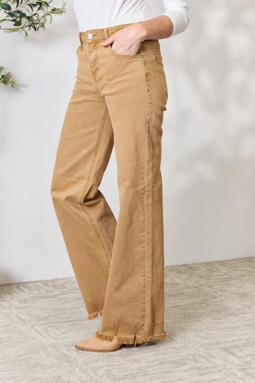 Risen High Waist Fringe Hem Wide Leg Jeans