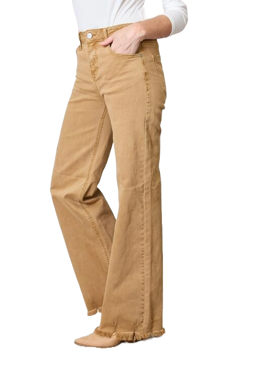 Risen High Waist Fringe Hem Wide Leg Jeans