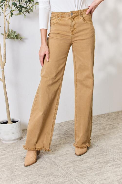 Risen High Waist Fringe Hem Wide Leg Jeans