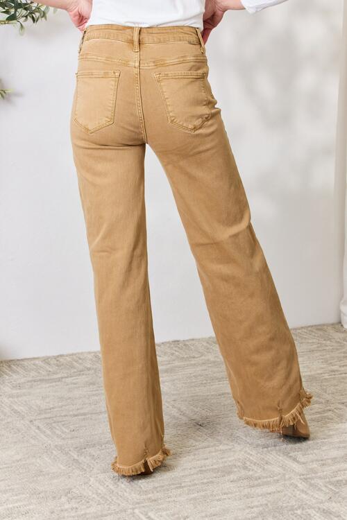Risen High Waist Fringe Hem Wide Leg Jeans