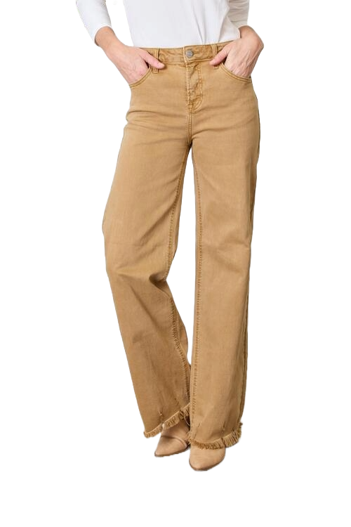 Risen High Waist Fringe Hem Wide Leg Jeans