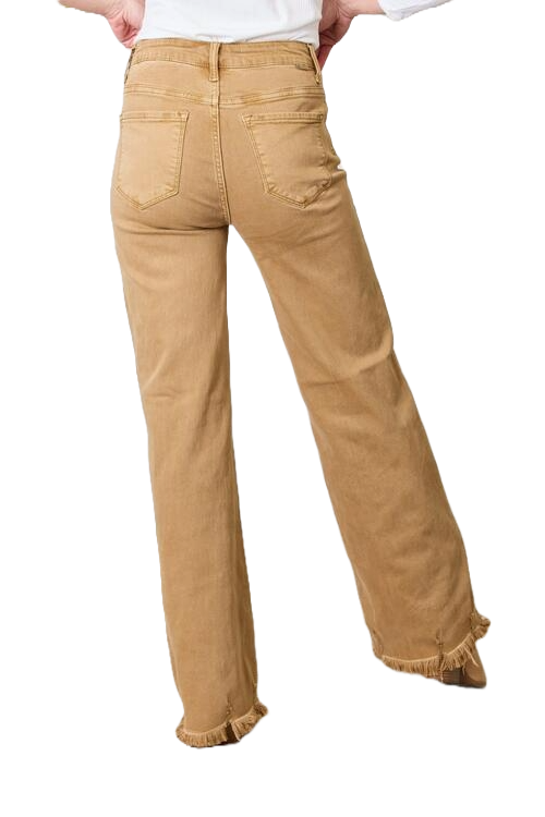 Risen High Waist Fringe Hem Wide Leg Jeans