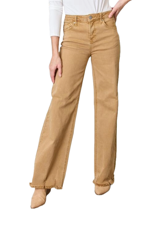 Risen High Waist Fringe Hem Wide Leg Jeans
