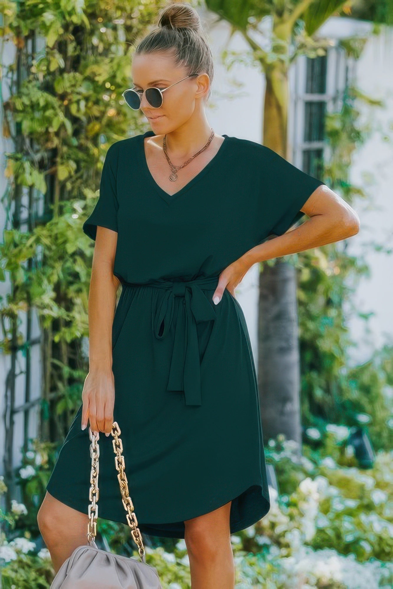 Solid A-Line Dress with V-Neck & Adjustable Waist — Effortless Elegance
