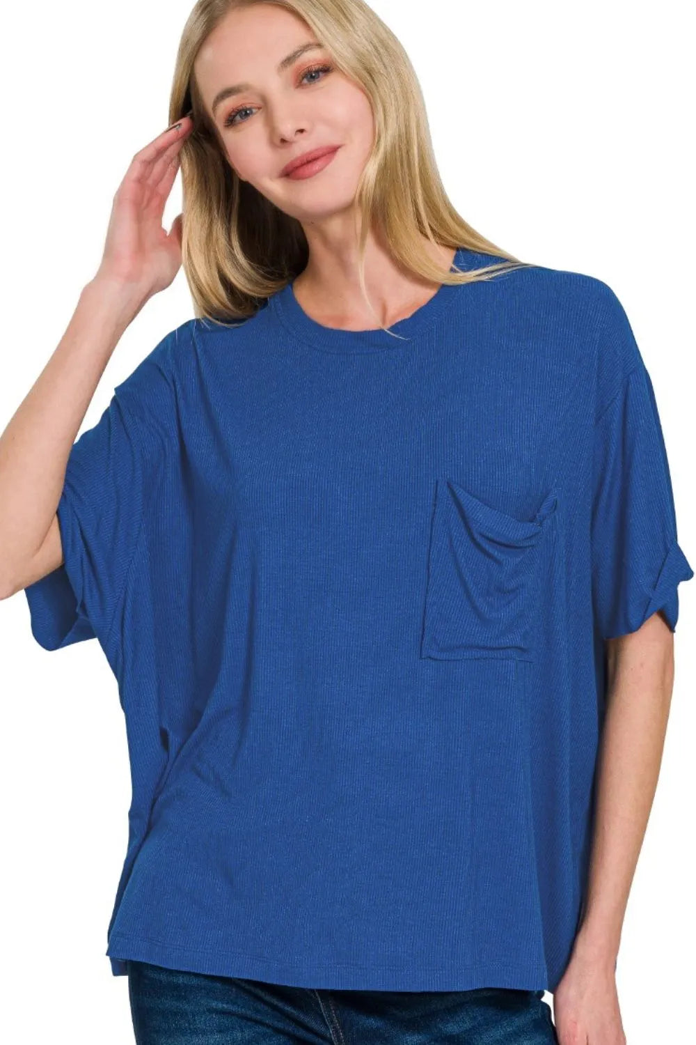 Zenana Ribbed Light Navy Blue Oversized Short Sleeve Top