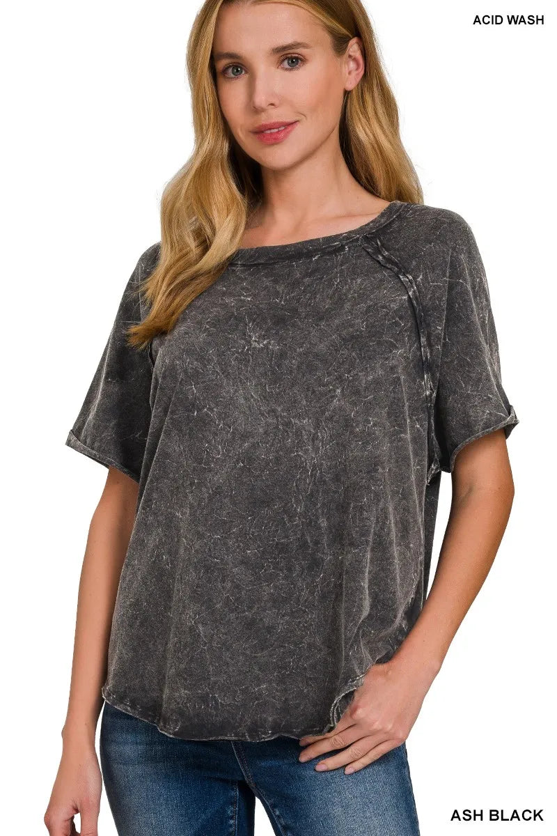 Zenana Women's Crinkle Washed Raglan Sleeve T-Shirt with Back Patch