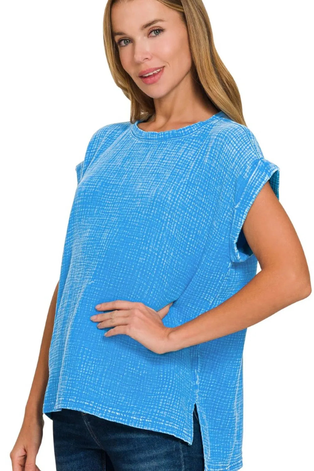 Zenana Woven Deep Sky Blue Double Gauze Acid Washed Top