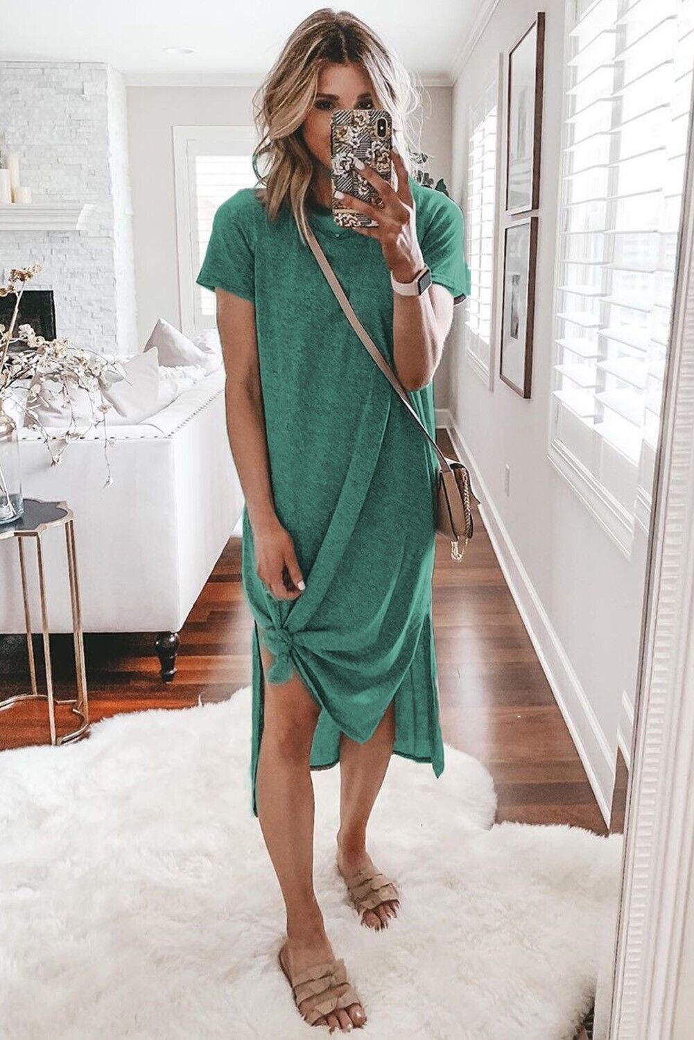 Dreamkue Green Short Sleeve Side Slit Dress Size XL