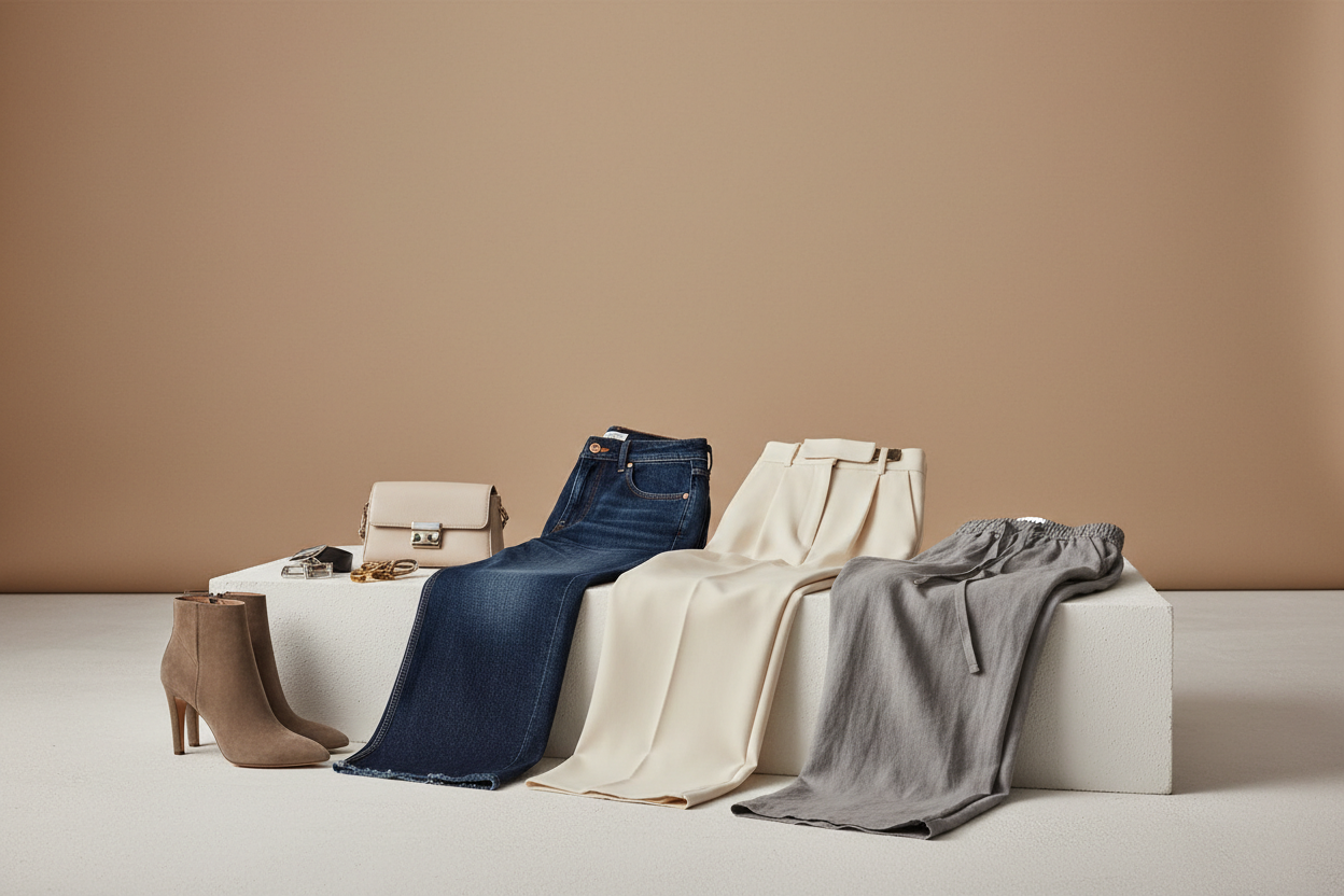 Women's premium jeans, tailored trousers, and casual pants collection - Dreamkue designer bottoms