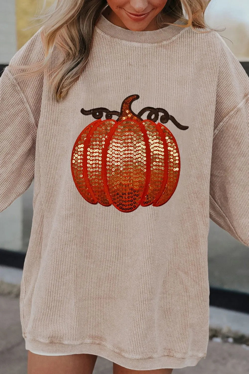 Sequin Pumpkin Round Neck Long Sleeve Sweatshirt – Festive Fall Style