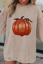 Sequin Pumpkin Round Neck Long Sleeve Sweatshirt – Festive Fall Style