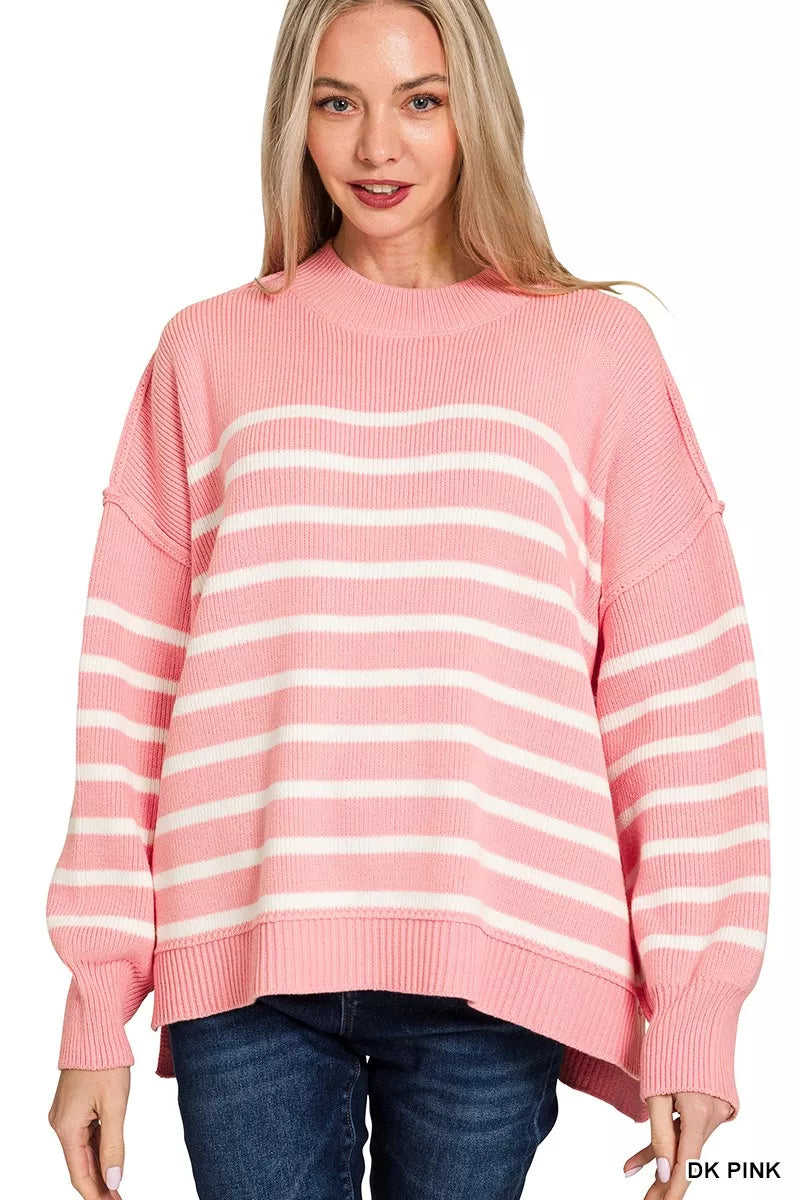 Zenana Exposed Seam Striped Sweater – Cozy Oversized Casual Style