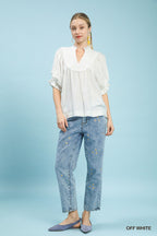 Off-white smocked yoke ruffle sleeve blouse, womens V-neck top with relaxed fit
