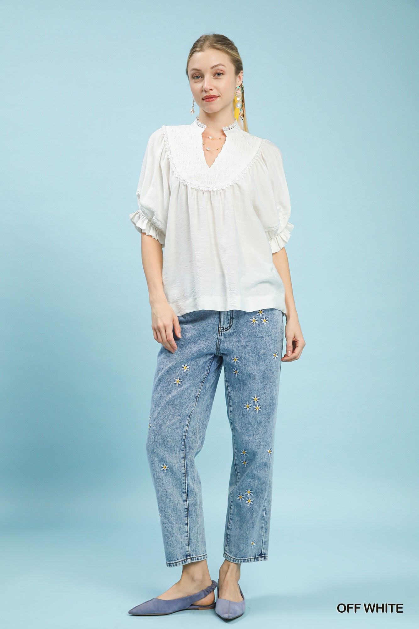 Off-white smocked yoke ruffle sleeve blouse, womens V-neck top with relaxed fit