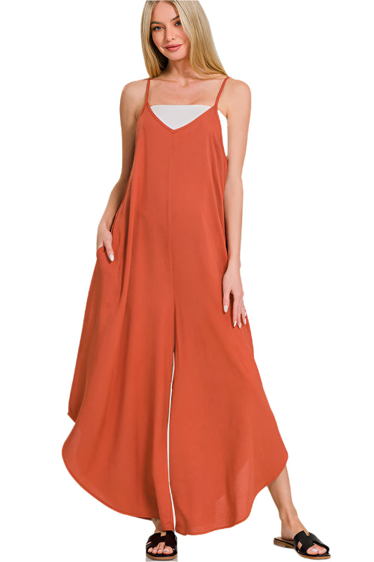Zenana Spaghetti Strap Wide Leg Overalls with Pockets
